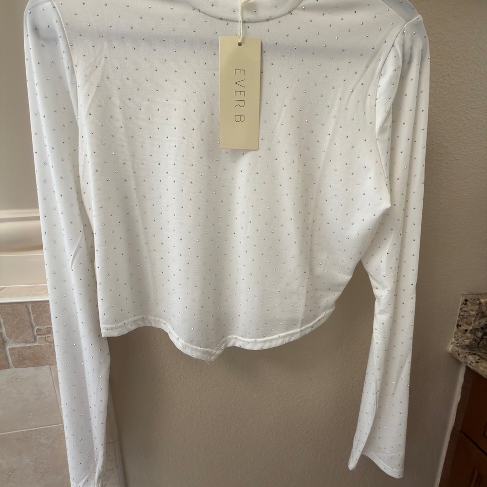 White with Dotted Rhinestone Long Sleeve Crop Top